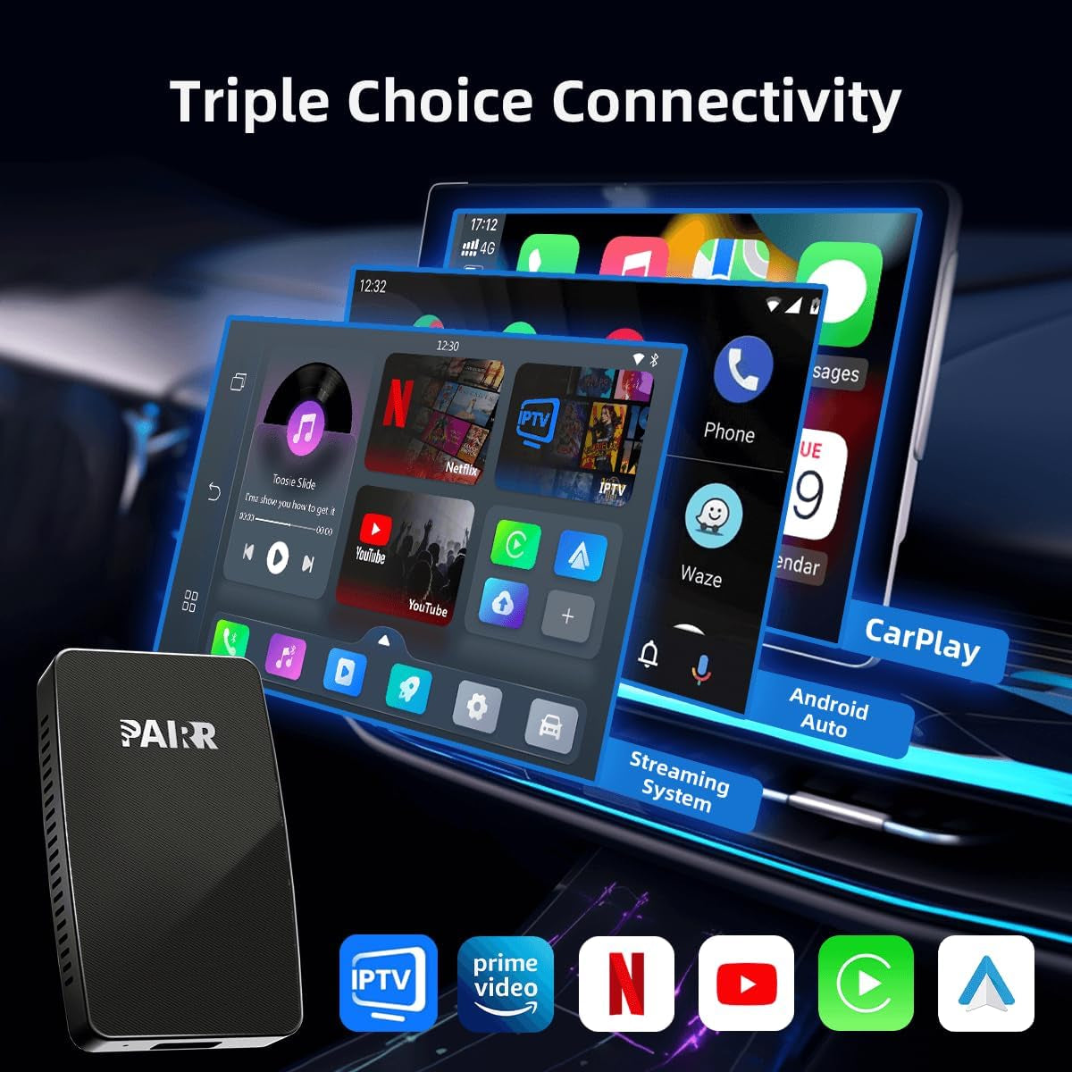 Pairr Max Pro-Netflix Youtube IPTV Wireless Carplay/Android Auto Car Box, Wireless Carplay Adapter for Apple Iphone & Android Auto for Cars, Plug and Play Easy Setup Automatic Reconnect (Black)