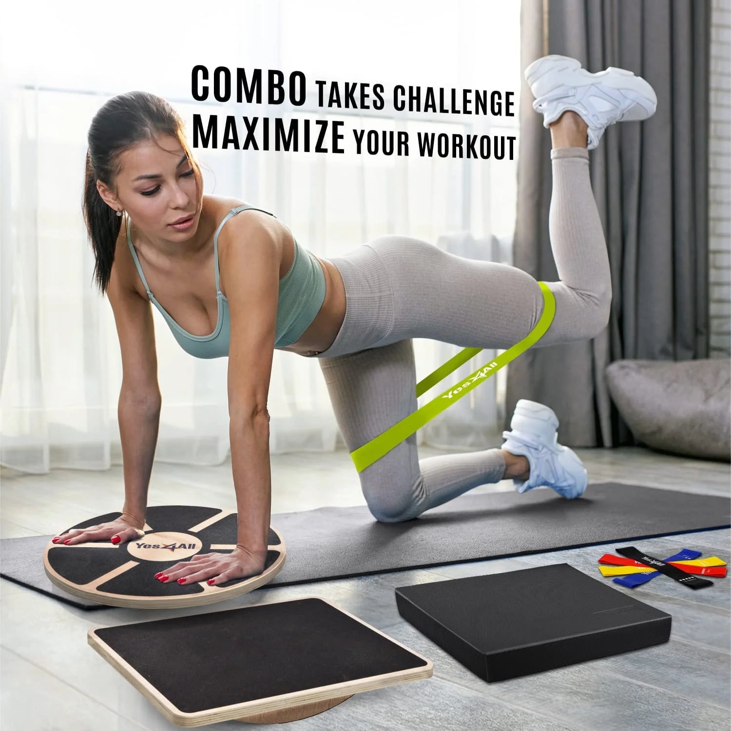 Combo 4-In-1 Set for Full Body Workout, Wooden Wobble Balance Board with Rocker Balance Board, Balance Pad & Exercise Bands