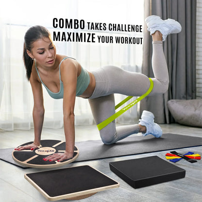 Combo 4-In-1 Set for Full Body Workout, Wooden Wobble Balance Board with Rocker Balance Board, Balance Pad & Exercise Bands