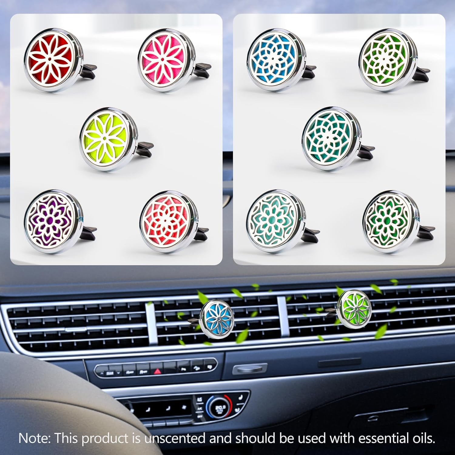 Car Diffuser Vent Clip - 30Mm Aromatherapy Essential Oil Car Diffuser Vent Clips with 36 Refill Pads (3 Lotus Vent Clips, Metal)