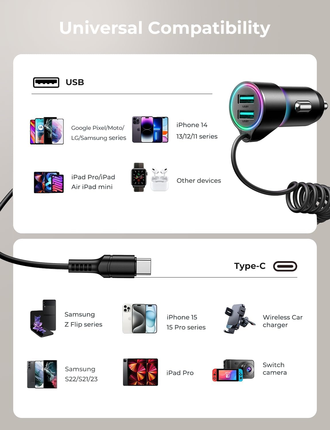 3.4A Car Phone Charger,  Dual USB Car Charger Adapter with 5FT Type C Coil Charging Cable, Cigarette Lighter USB C Fast Charge for 16/15 Pro Max Plus/Samsung Galaxy/Pixel/Android Phones