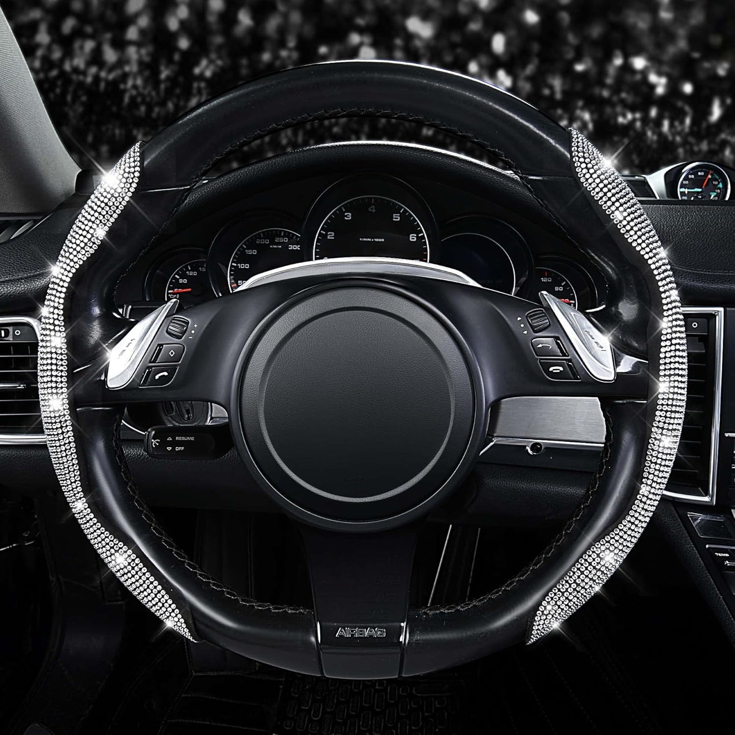 Bling Diamond Segmented Steering Wheel Cover with Crystal Rhinestones, 2PCS Wheel Protector Non-Slip Cute Car Accessories Universal Fit D-Shape O-Shape 14.5" to 16" for Women, Silver Diamond