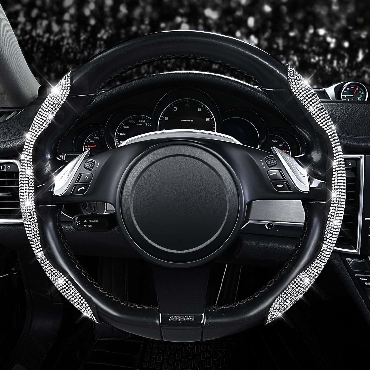 Bling Diamond Segmented Steering Wheel Cover with Crystal Rhinestones, 2PCS Wheel Protector Non-Slip Cute Car Accessories Universal Fit D-Shape O-Shape 14.5" to 16" for Women, Silver Diamond