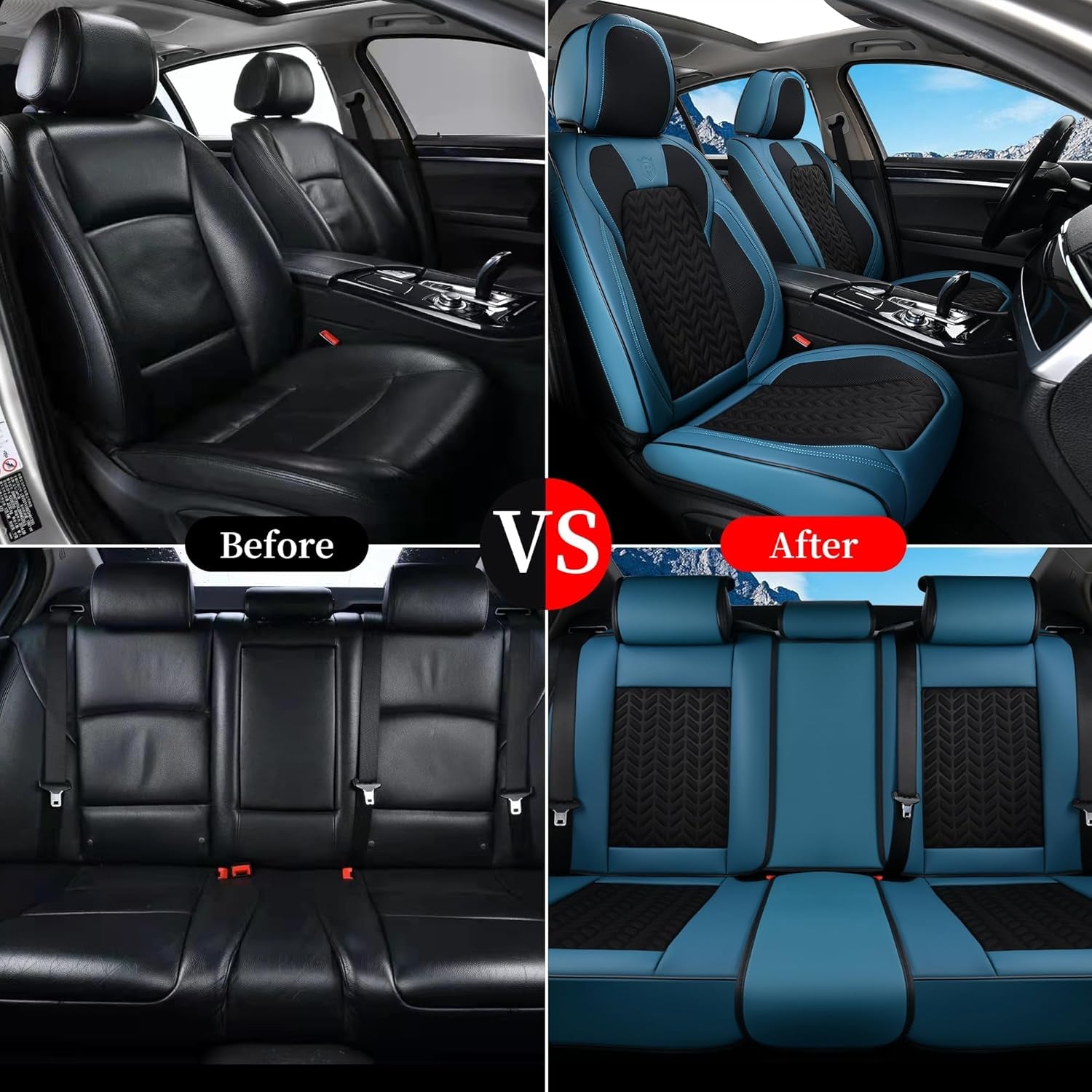 Seat Covers Full Set, 5 Seats Breathable Faux Leather Seat Covers for Cars, Car Seat Cover Winter, Car Seat Protector Car Seat Cushion, Automotive Seat Cover Universal Fit Most Vehicles, Blue