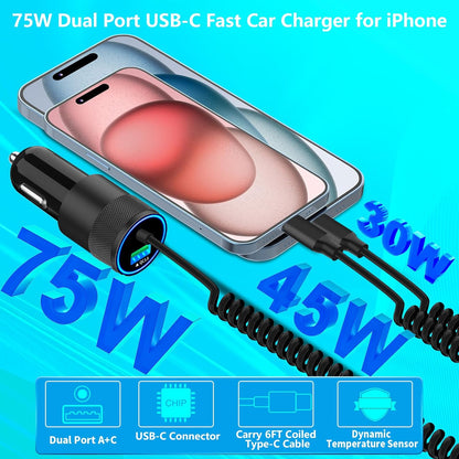 【Mfi Certified】Iphone 16 Car Charger Fast Charging,  75W USB-C PD&QC Car Power Cigarette Lighter USB Car Charger + 6FT Type-C Coiled Cable for Iphone 16 Pro Max/15 Pro, Galaxy S24/S23, Pixel
