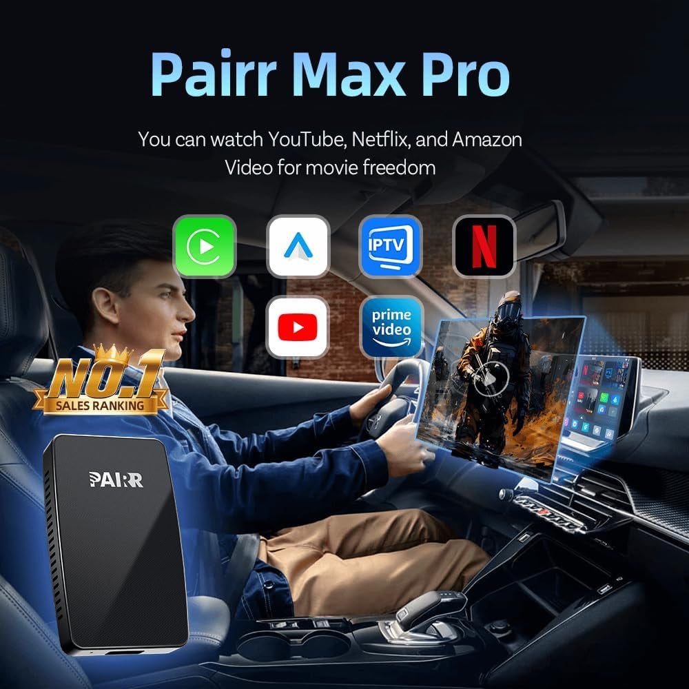 Pairr Max Pro-Netflix Youtube IPTV Wireless Carplay/Android Auto Car Box, Wireless Carplay Adapter for Apple Iphone & Android Auto for Cars, Plug and Play Easy Setup Automatic Reconnect (Black)