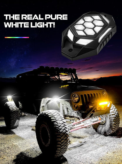 2025 New Upgraded RGBW LED Rock Lights Kit, 4 Pods, Underglow Multicolor Neon Light Pod Compatible with Truck 4X4 Off-Road for Jeep UTV ATV RZR SUV Accessories