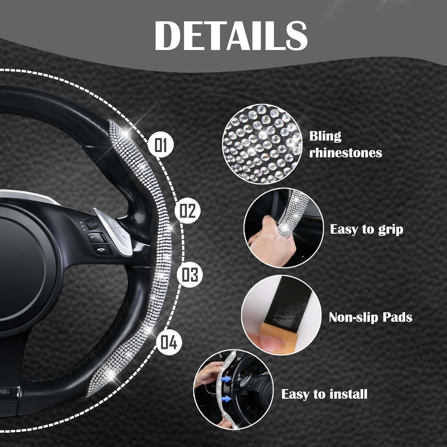 Bling Diamond Segmented Steering Wheel Cover with Crystal Rhinestones, 2PCS Wheel Protector Non-Slip Cute Car Accessories Universal Fit D-Shape O-Shape 14.5" to 16" for Women, Silver Diamond