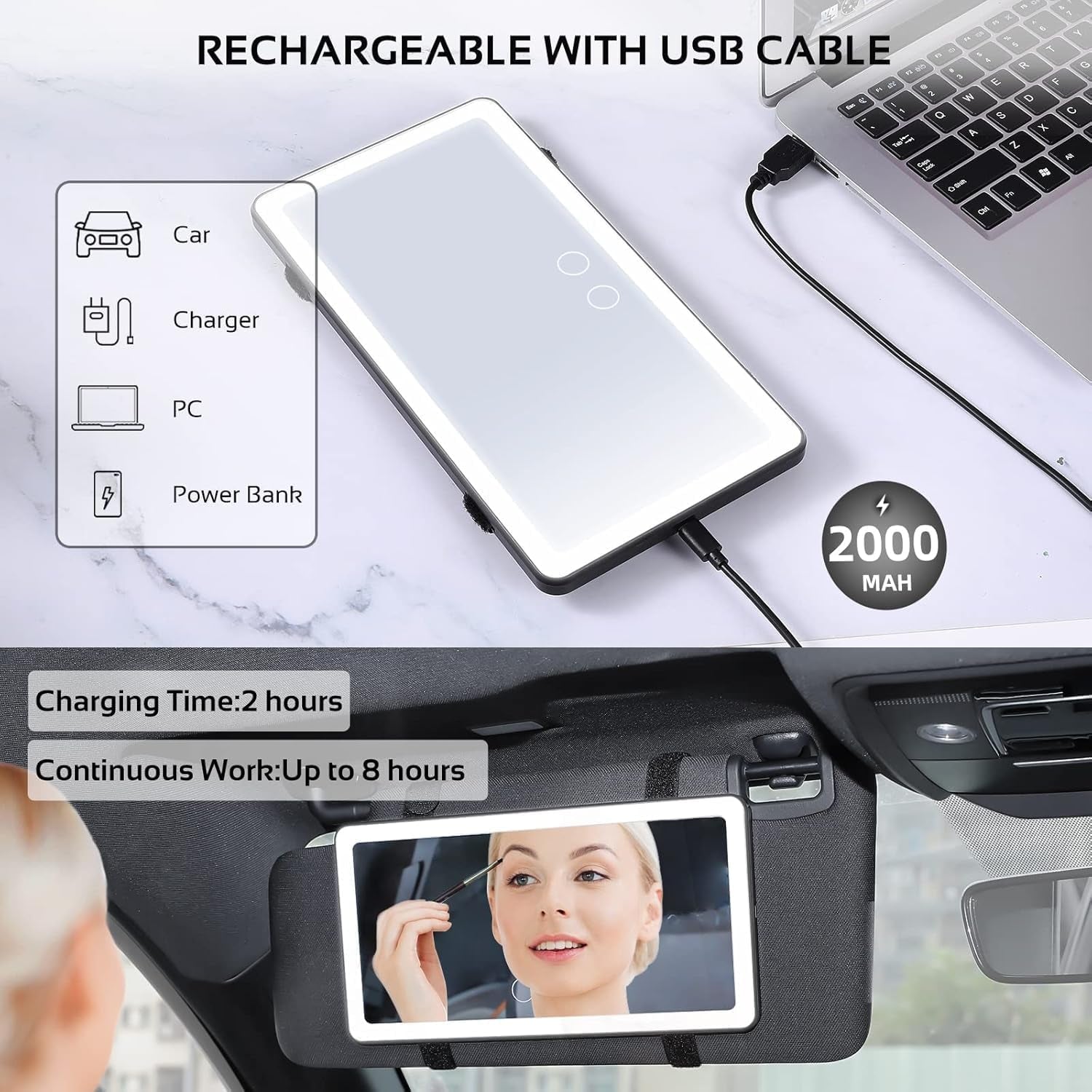 Upgrade Car Sun Visor Vanity Mirror with 3 Light Modes & 80 Leds,Rechargeable Big Makeup Mirror - Dimmable Touch Control, Light up Mirror Universal for Truck SUV