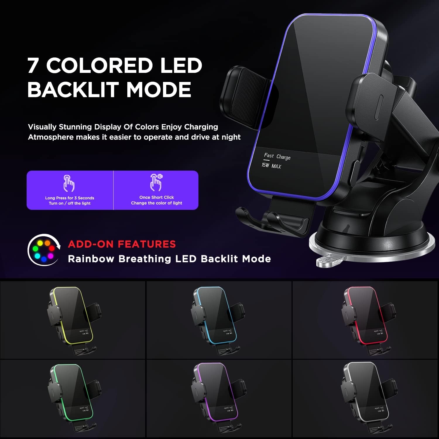 Wireless Car Charger,【7 Colored RGB Backlit】 15W Auto Clamping Phone Holders for Your Car Fit for Iphone 16 15 14 13 12 Mini Pro Max 11 XR XS, Samsung Galaxy S24 Ultra S23 S22 S21+ Note 20, Etc