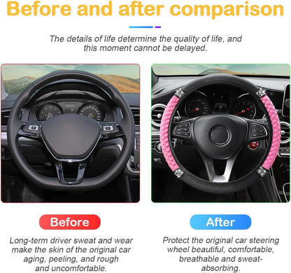 Bling Car Steering Wheel Cover, 15 Inch Rhinestones Soft Leather Elastic Steering Wheel Protector, Sparkly Crystal Diamond for Women Girls, Car Interior Accessories for Most Cars (Pink)