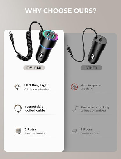 3.4A Car Phone Charger,  Dual USB Car Charger Adapter with 5FT Type C Coil Charging Cable, Cigarette Lighter USB C Fast Charge for 16/15 Pro Max Plus/Samsung Galaxy/Pixel/Android Phones