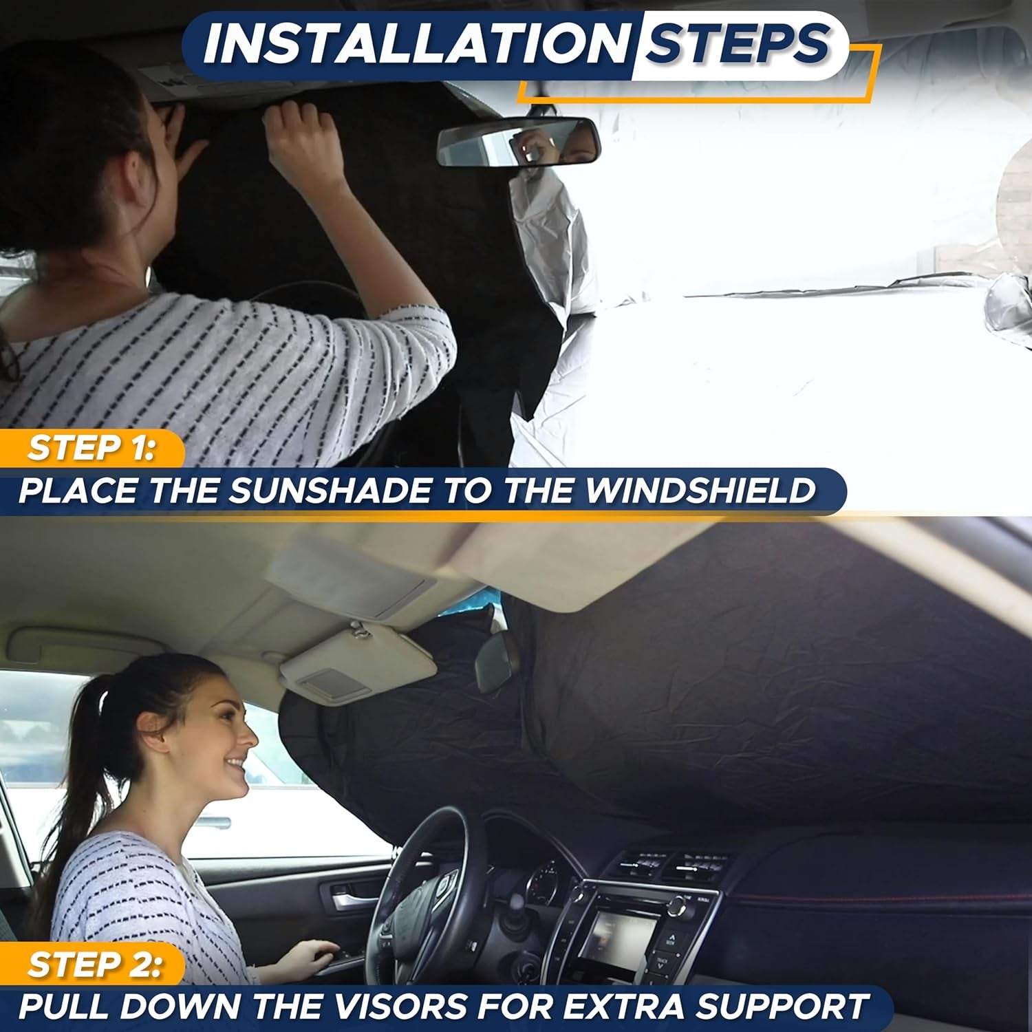 Car Windshield Sun Shade | Reflective Sunshade for Ultimate Protection | Overlapping Design | 240T Polyester | Fits Small Sedans, Mini Suvs, Hatchbacks | Medium (64X32 Inches)