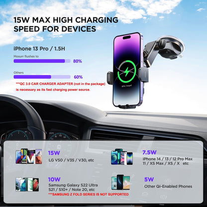Wireless Car Charger,【7 Colored RGB Backlit】 15W Auto Clamping Phone Holders for Your Car Fit for Iphone 16 15 14 13 12 Mini Pro Max 11 XR XS, Samsung Galaxy S24 Ultra S23 S22 S21+ Note 20, Etc