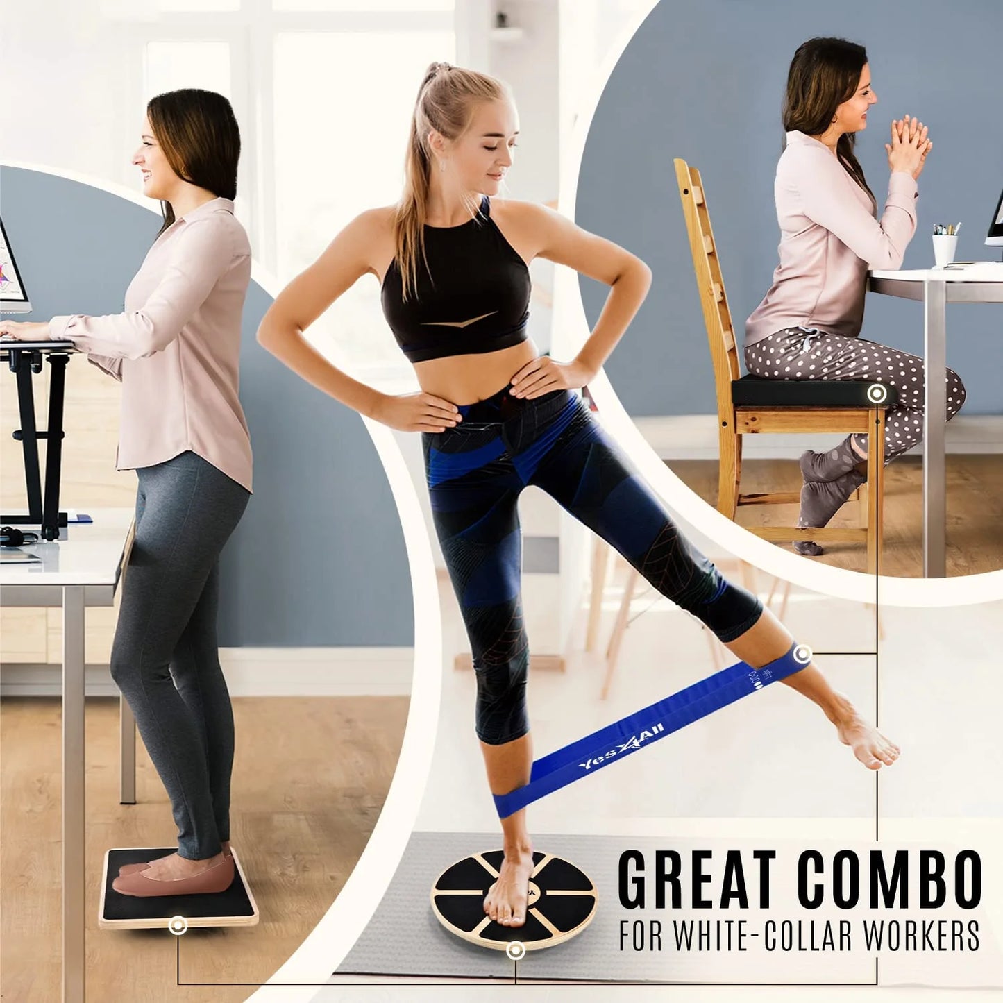 Combo 4-In-1 Set for Full Body Workout, Wooden Wobble Balance Board with Rocker Balance Board, Balance Pad & Exercise Bands