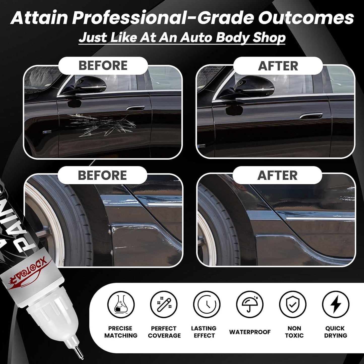 Black Touch up Paint for Cars - Color Accurate, Professional Automotive Scratch Repair, Lasting Auto Scratch Remover, Quick Drying, Easy to Use, Safe and Non-Toxic