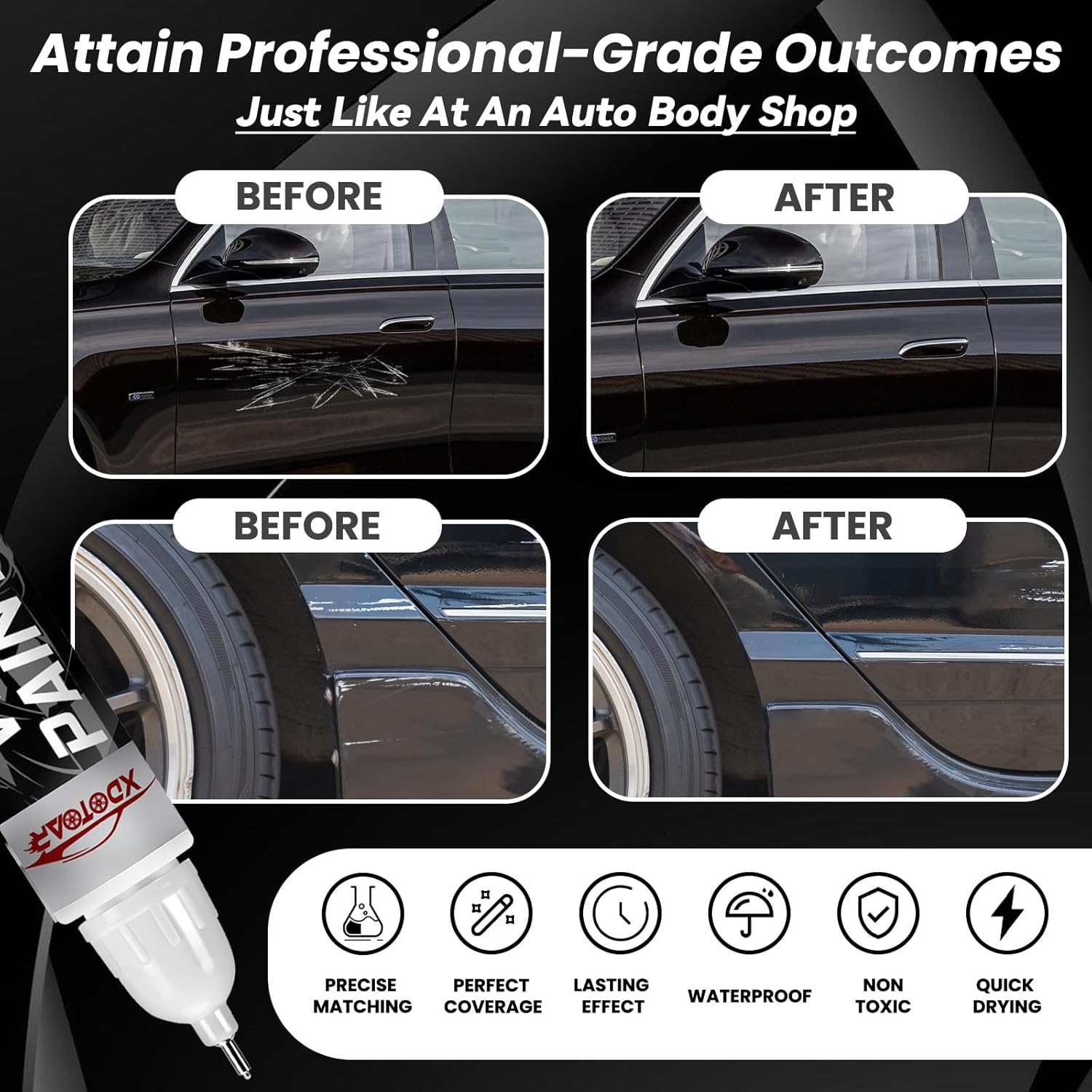 Black Touch up Paint for Cars - Color Accurate, Professional Automotive Scratch Repair, Lasting Auto Scratch Remover, Quick Drying, Easy to Use, Safe and Non-Toxic