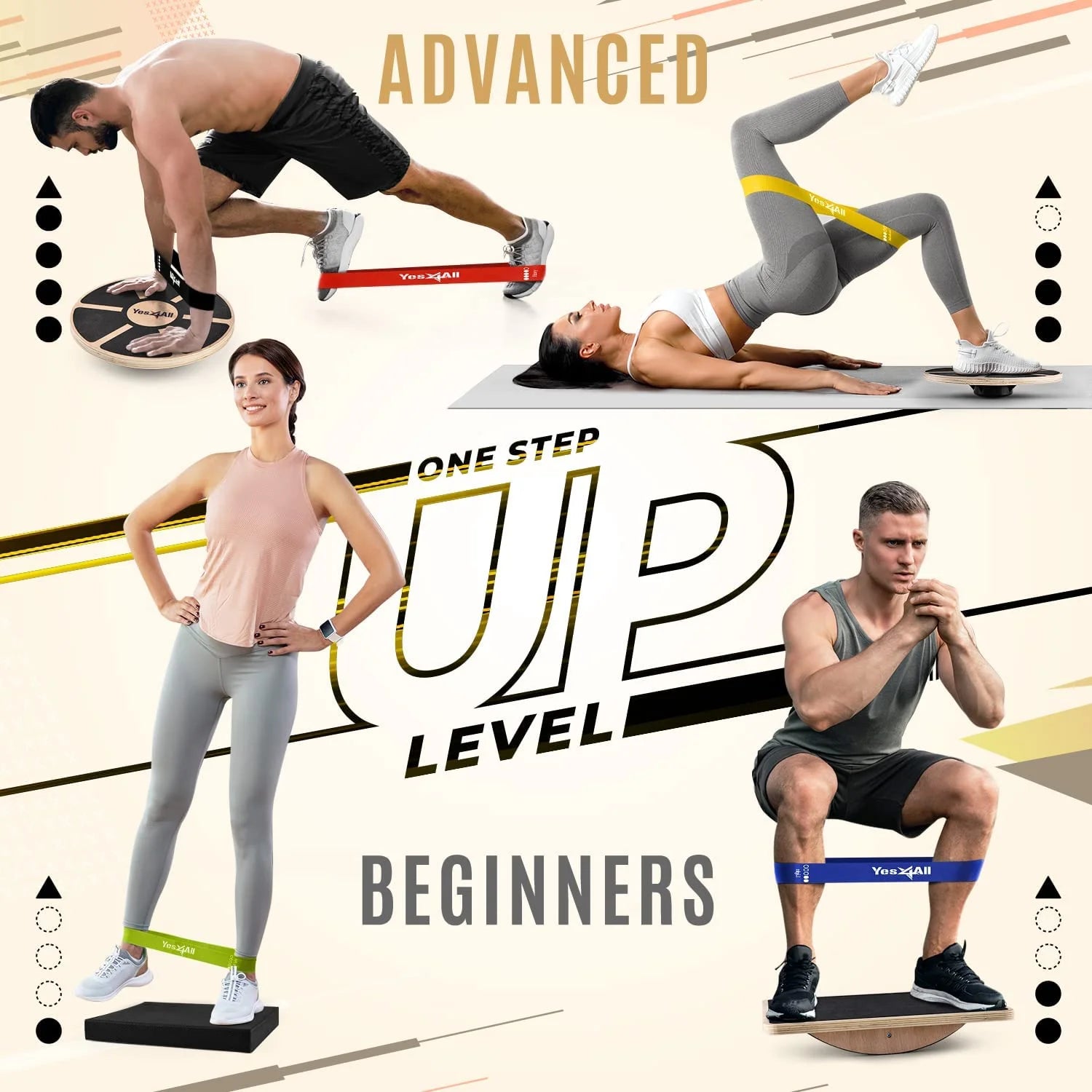 Combo 4-In-1 Set for Full Body Workout, Wooden Wobble Balance Board with Rocker Balance Board, Balance Pad & Exercise Bands