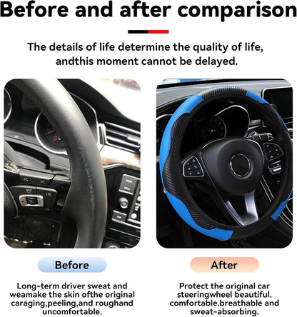 Car Steering Wheel Cover, 15 Inch Carbon Fiber Microfiber PU Leather Elastic Steering Wheel Protector for Men Women, Anti-Slip Breathable Car Interior Accessories for Most Cars (Blue)