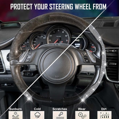 Bling Diamond Segmented Steering Wheel Cover with Crystal Rhinestones, 2PCS Wheel Protector Non-Slip Cute Car Accessories Universal Fit D-Shape O-Shape 14.5" to 16" for Women, Silver Diamond
