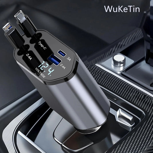 4-in-1 Retractable Fast Car Charger | 100W Max Output | Lightning & Type-C Cables Included for iPhone 16 15 14 13 12
