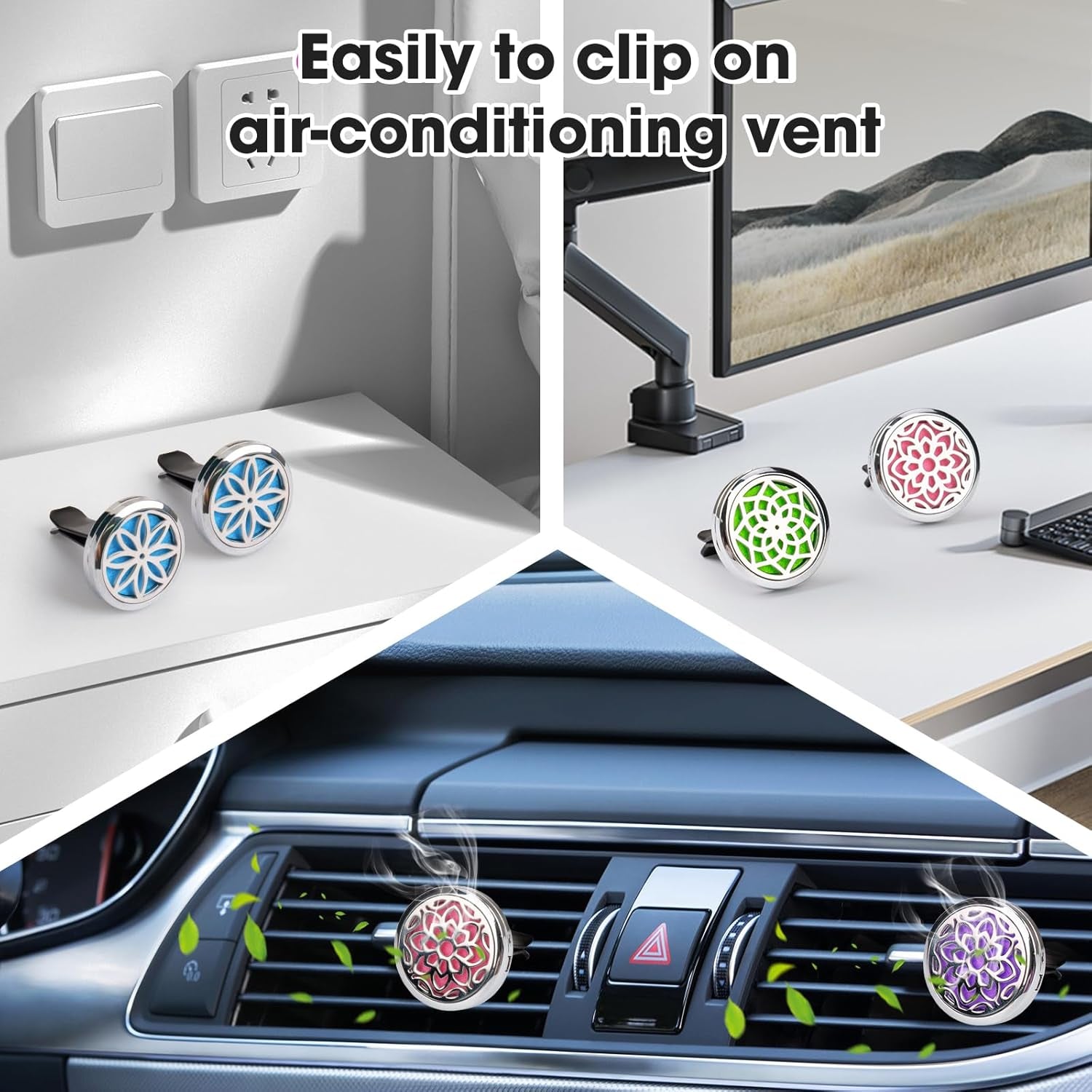 Car Diffuser Vent Clip - 30Mm Aromatherapy Essential Oil Car Diffuser Vent Clips with 36 Refill Pads (3 Lotus Vent Clips, Metal)
