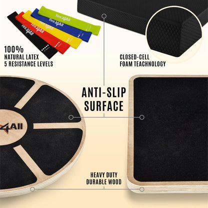 Combo 4-In-1 Set for Full Body Workout, Wooden Wobble Balance Board with Rocker Balance Board, Balance Pad & Exercise Bands