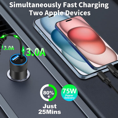 【Mfi Certified】Iphone 16 Car Charger Fast Charging,  75W USB-C PD&QC Car Power Cigarette Lighter USB Car Charger + 6FT Type-C Coiled Cable for Iphone 16 Pro Max/15 Pro, Galaxy S24/S23, Pixel