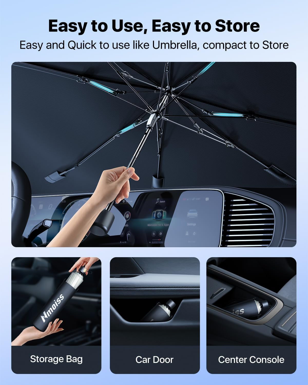 [2025 Upgrade]  Windshield Sun Shade Umbrella for Car - [Vinyl Coating] Protect Car from Sun Rays & Heat Damage Keep Cool and Protect Interior, Spring Structure Edge Medium (56" L X 31" W)