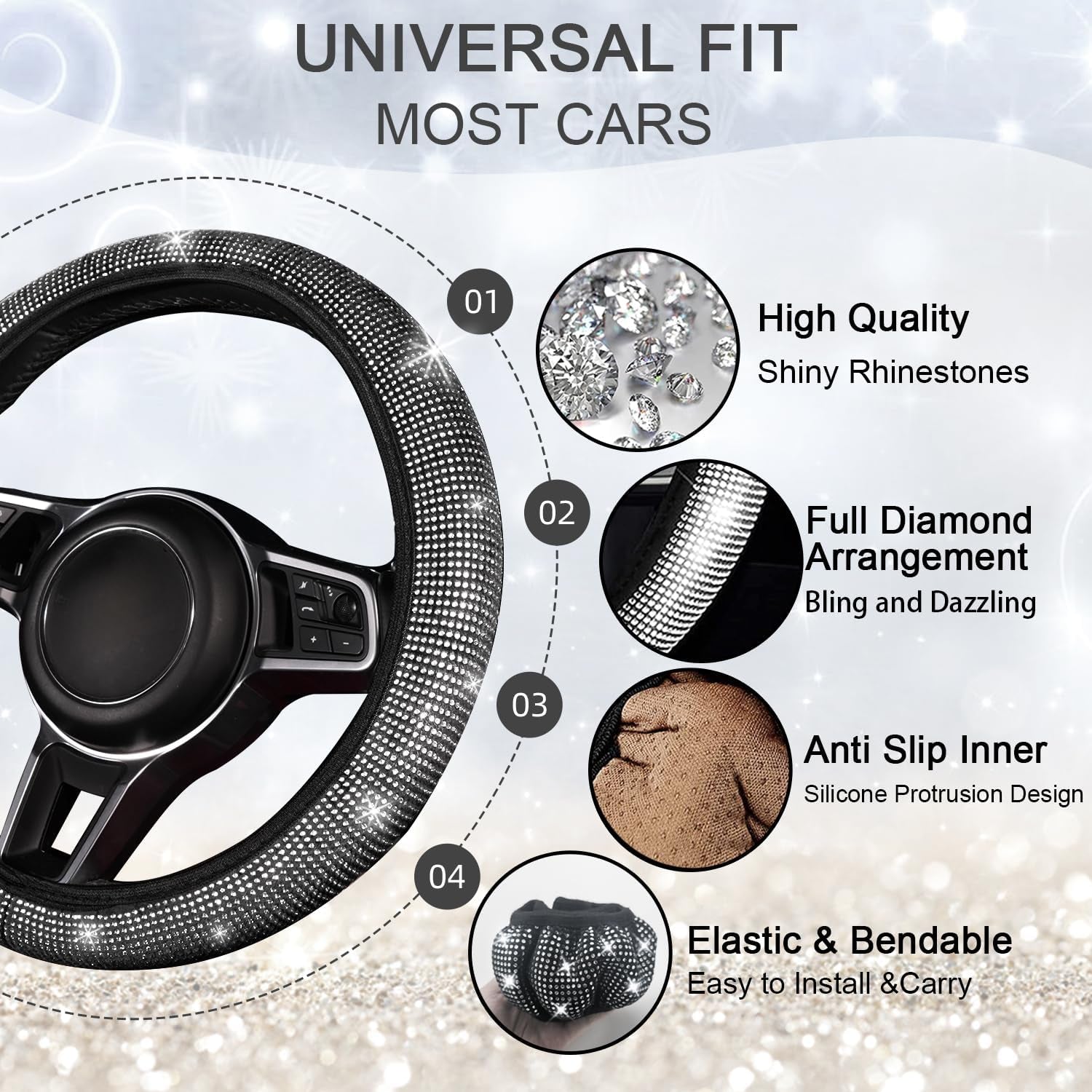 8 Pcs Bling Car Accessories Set for Women, Bling Rhinestone Diamond Steering Wheel Cover, Sparkly Seat Belt Covers, Bling Gear Shift Cover, Universal Fit Most Cars (Silver Diamond)