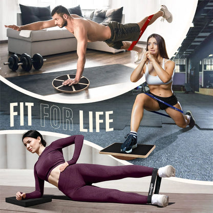 Combo 4-In-1 Set for Full Body Workout, Wooden Wobble Balance Board with Rocker Balance Board, Balance Pad & Exercise Bands