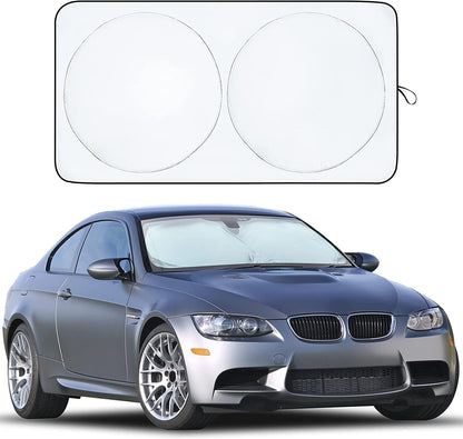 Car Windshield Sun Shade | Reflective Sunshade for Ultimate Protection | Overlapping Design | 240T Polyester | Fits Small Sedans, Mini Suvs, Hatchbacks | Medium (64X32 Inches)
