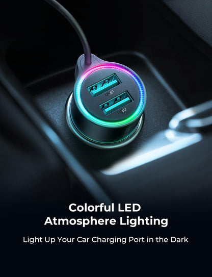 3.4A Car Phone Charger,  Dual USB Car Charger Adapter with 5FT Type C Coil Charging Cable, Cigarette Lighter USB C Fast Charge for 16/15 Pro Max Plus/Samsung Galaxy/Pixel/Android Phones