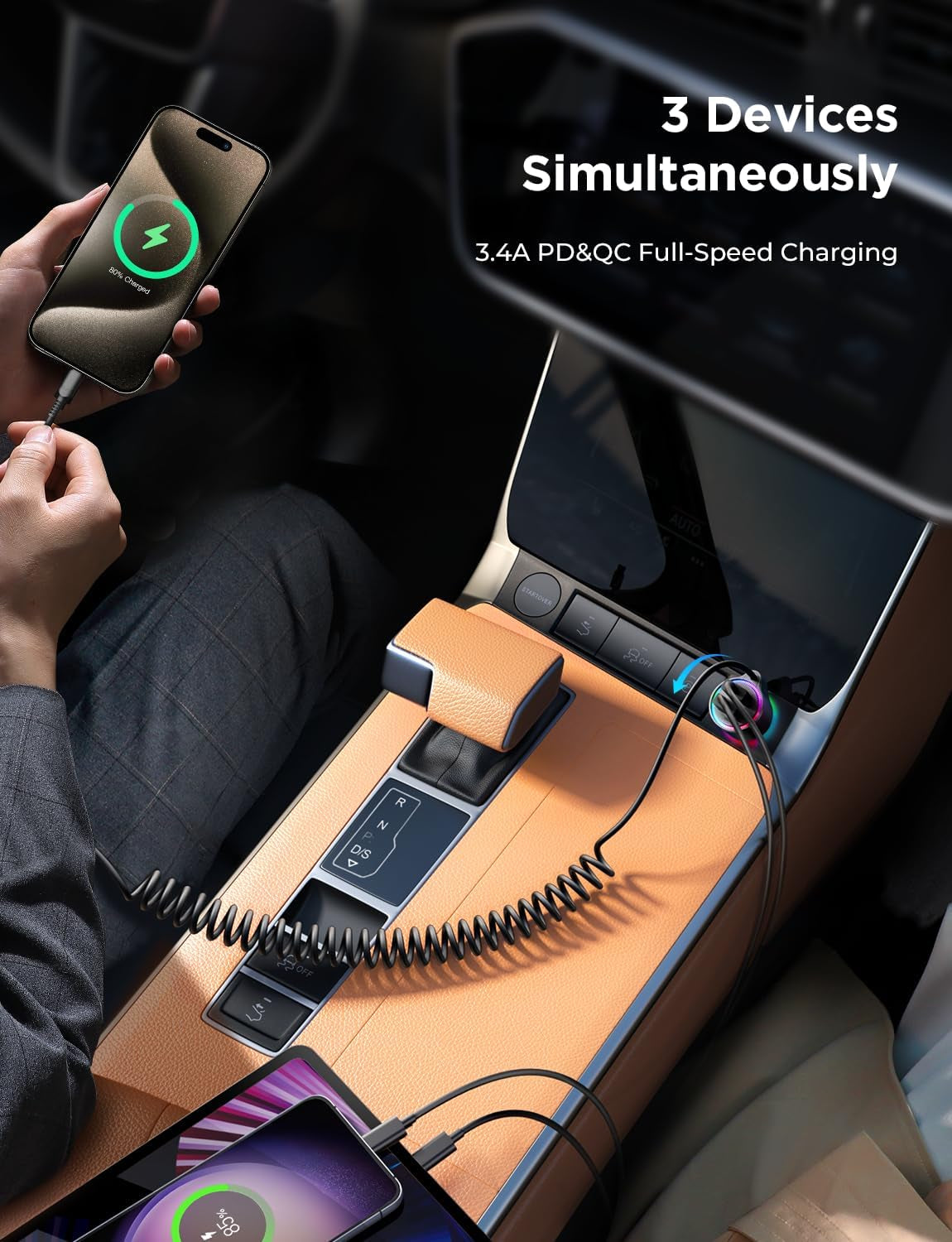 3.4A Car Phone Charger,  Dual USB Car Charger Adapter with 5FT Type C Coil Charging Cable, Cigarette Lighter USB C Fast Charge for 16/15 Pro Max Plus/Samsung Galaxy/Pixel/Android Phones