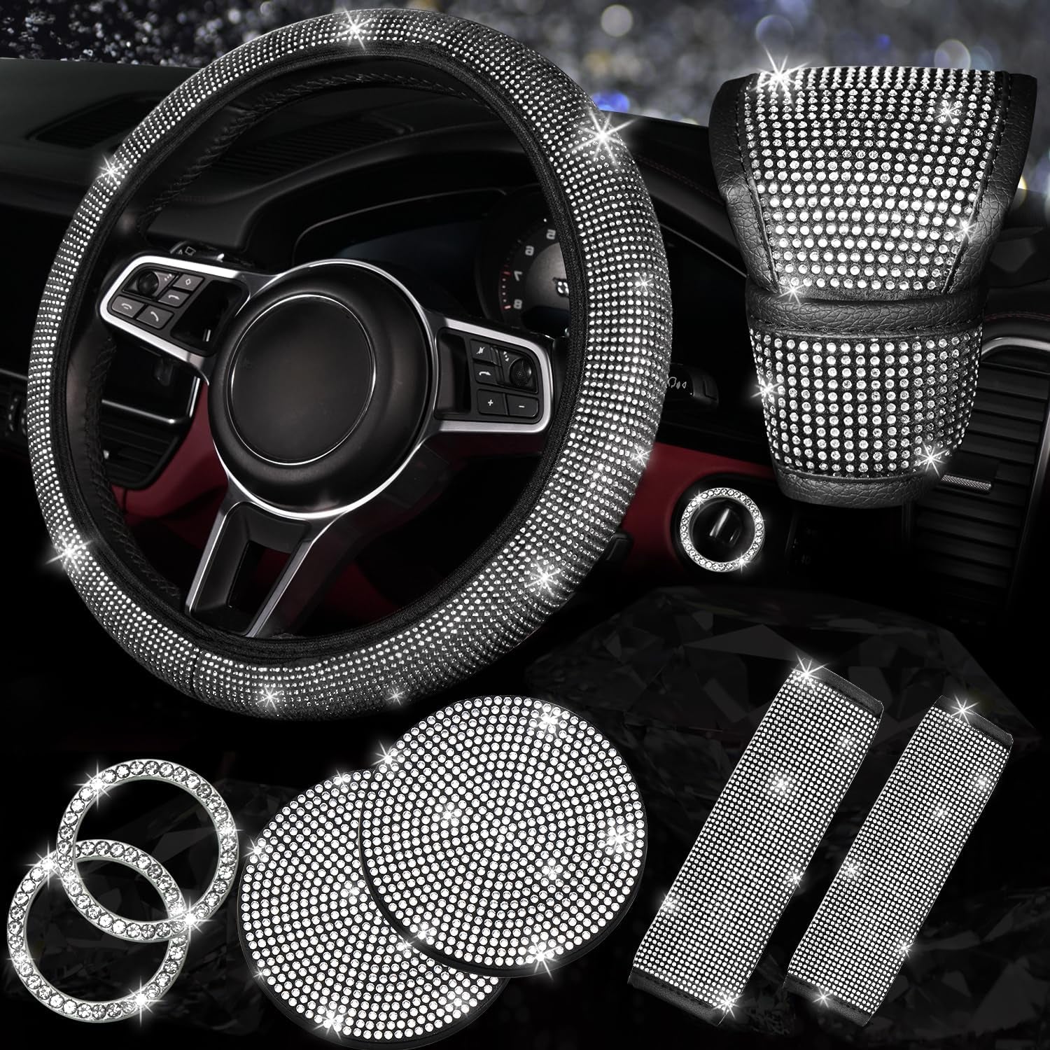 8 Pcs Bling Car Accessories Set for Women, Bling Rhinestone Diamond Steering Wheel Cover, Sparkly Seat Belt Covers, Bling Gear Shift Cover, Universal Fit Most Cars (Silver Diamond)