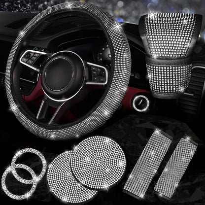 8 Pcs Bling Car Accessories Set for Women, Bling Rhinestone Diamond Steering Wheel Cover, Sparkly Seat Belt Covers, Bling Gear Shift Cover, Universal Fit Most Cars (Silver Diamond)