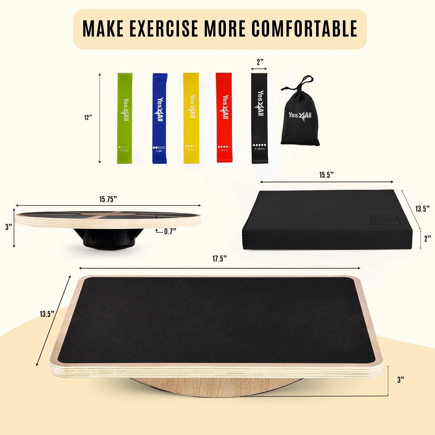 Combo 4-In-1 Set for Full Body Workout, Wooden Wobble Balance Board with Rocker Balance Board, Balance Pad & Exercise Bands