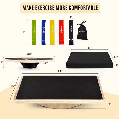 Combo 4-In-1 Set for Full Body Workout, Wooden Wobble Balance Board with Rocker Balance Board, Balance Pad & Exercise Bands