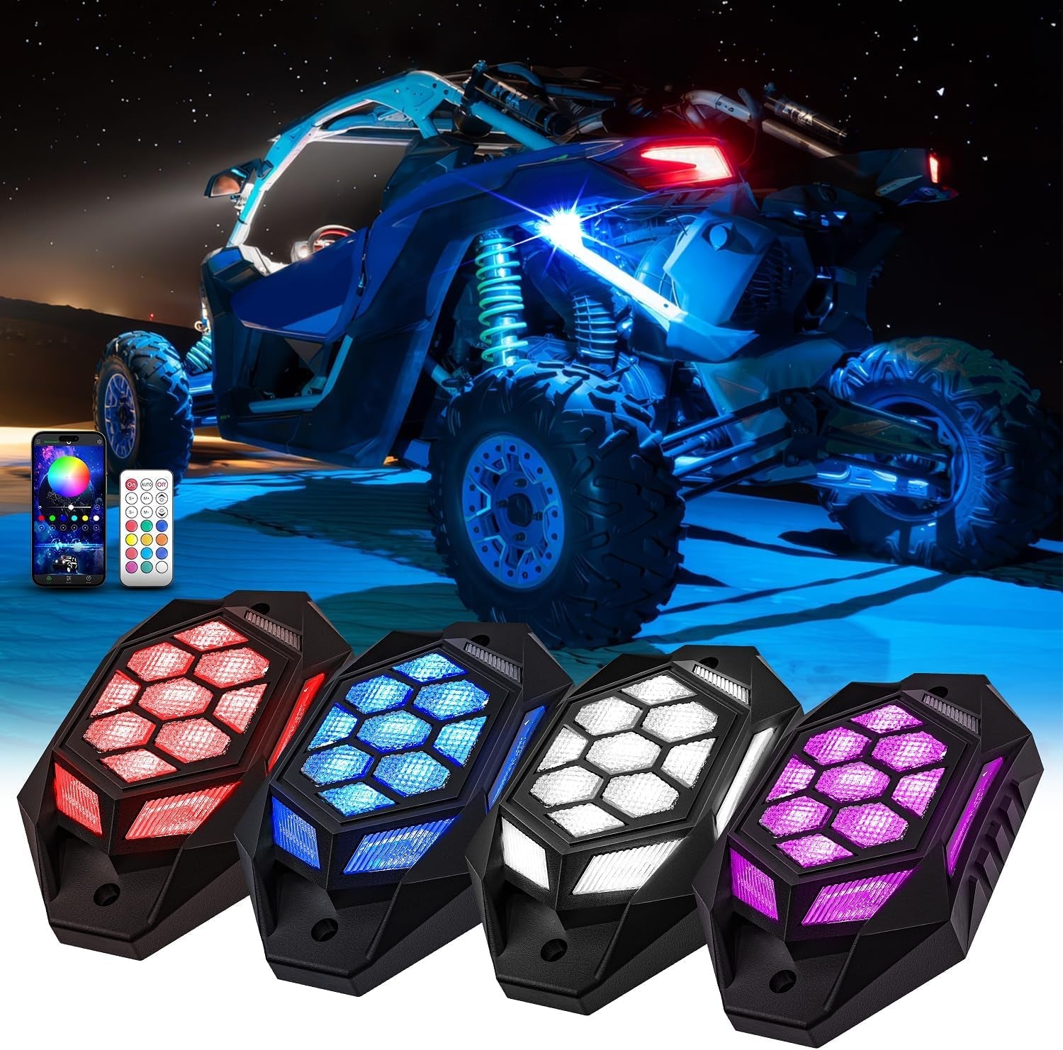 2025 New Upgraded RGBW LED Rock Lights Kit, 4 Pods, Underglow Multicolor Neon Light Pod Compatible with Truck 4X4 Off-Road for Jeep UTV ATV RZR SUV Accessories