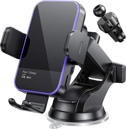 Wireless Car Charger,【7 Colored RGB Backlit】 15W Auto Clamping Phone Holders for Your Car Fit for Iphone 16 15 14 13 12 Mini Pro Max 11 XR XS, Samsung Galaxy S24 Ultra S23 S22 S21+ Note 20, Etc