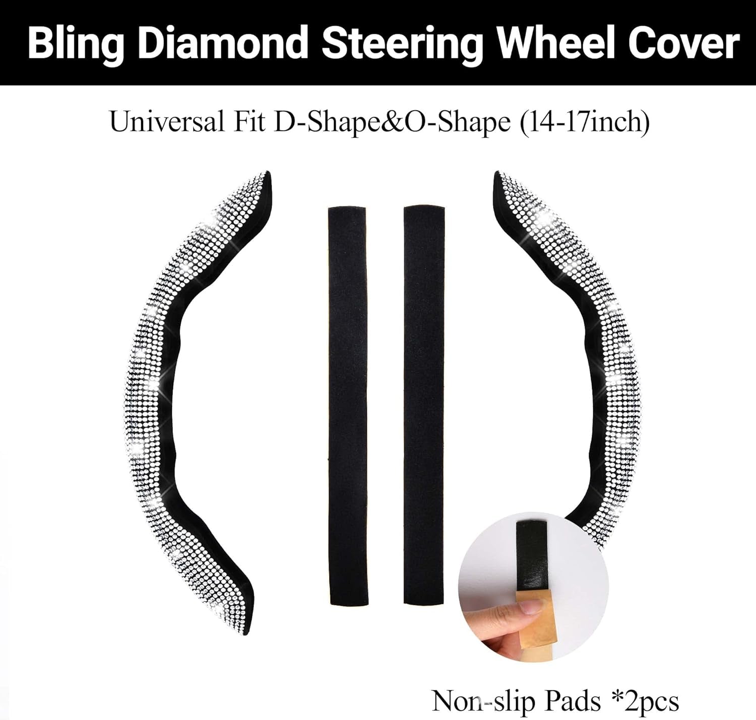 Bling Diamond Segmented Steering Wheel Cover with Crystal Rhinestones, 2PCS Wheel Protector Non-Slip Cute Car Accessories Universal Fit D-Shape O-Shape 14.5" to 16" for Women, Silver Diamond
