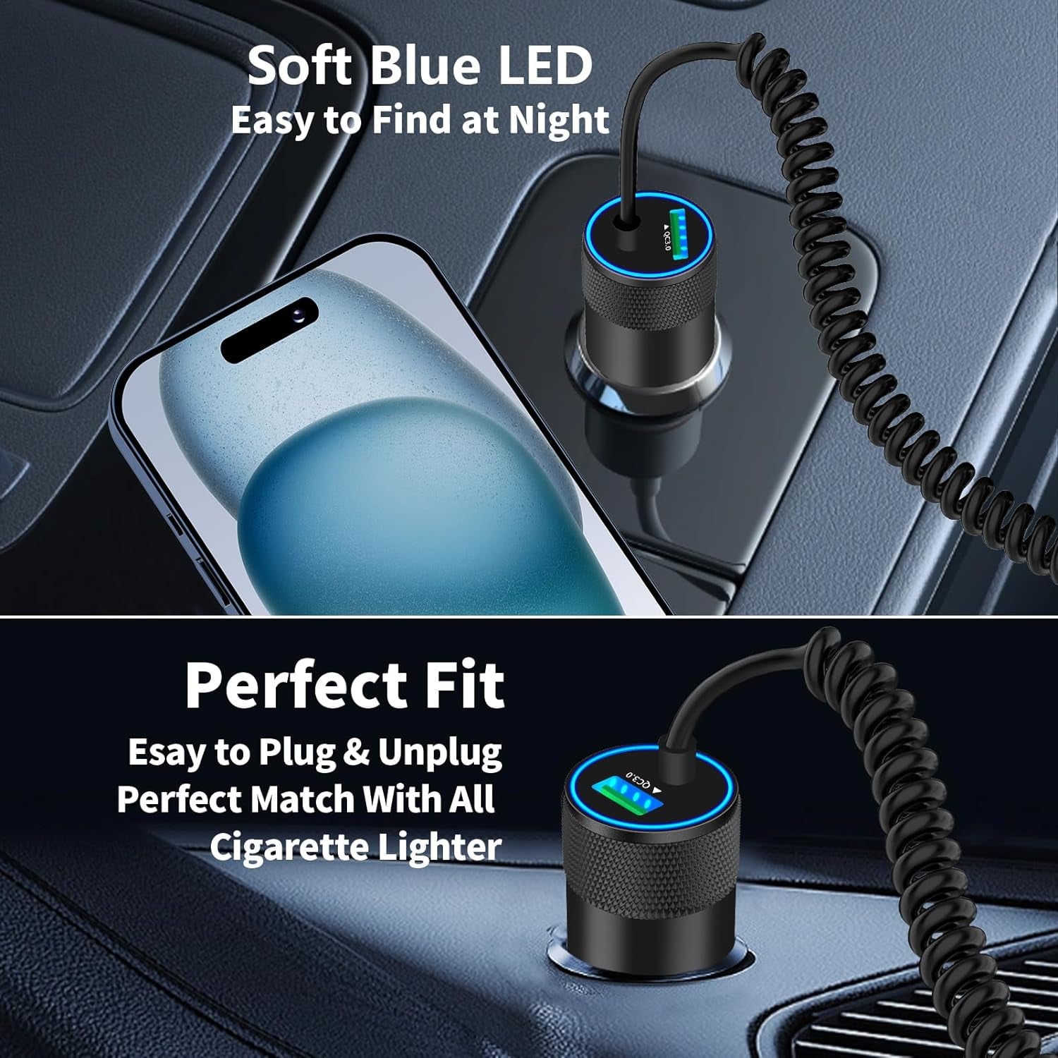 【Mfi Certified】Iphone 16 Car Charger Fast Charging,  75W USB-C PD&QC Car Power Cigarette Lighter USB Car Charger + 6FT Type-C Coiled Cable for Iphone 16 Pro Max/15 Pro, Galaxy S24/S23, Pixel