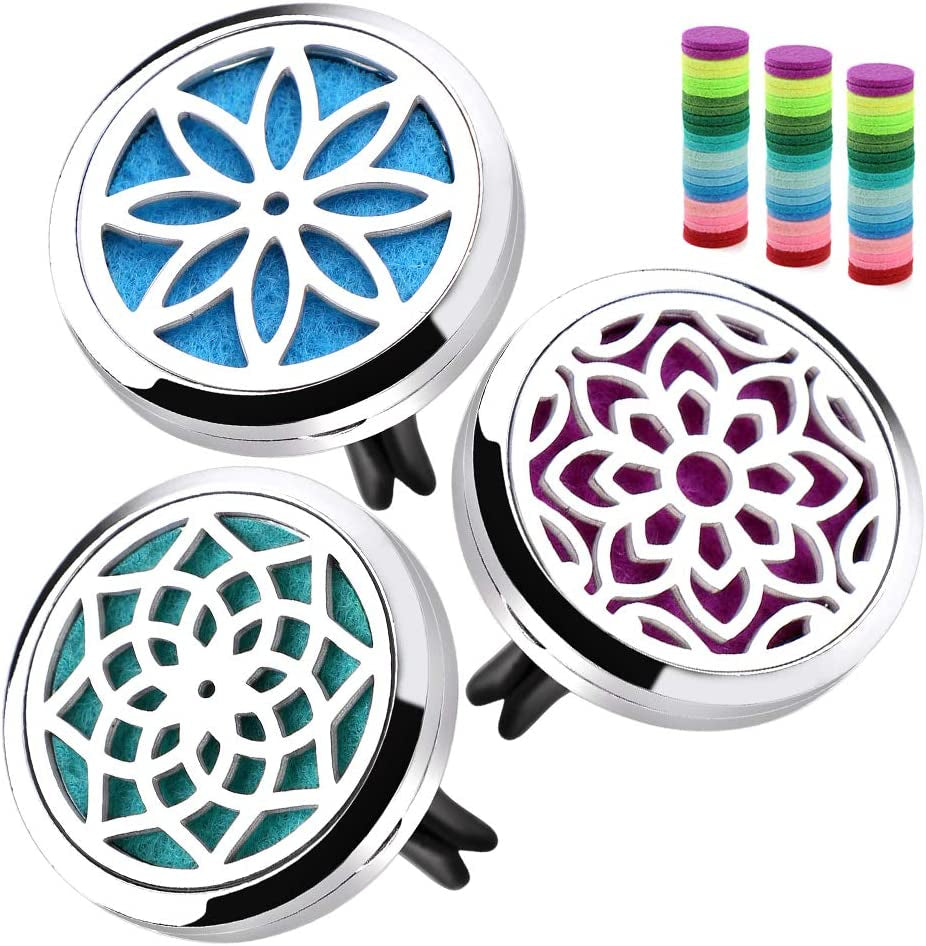 Car Diffuser Vent Clip - 30Mm Aromatherapy Essential Oil Car Diffuser Vent Clips with 36 Refill Pads (3 Lotus Vent Clips, Metal)