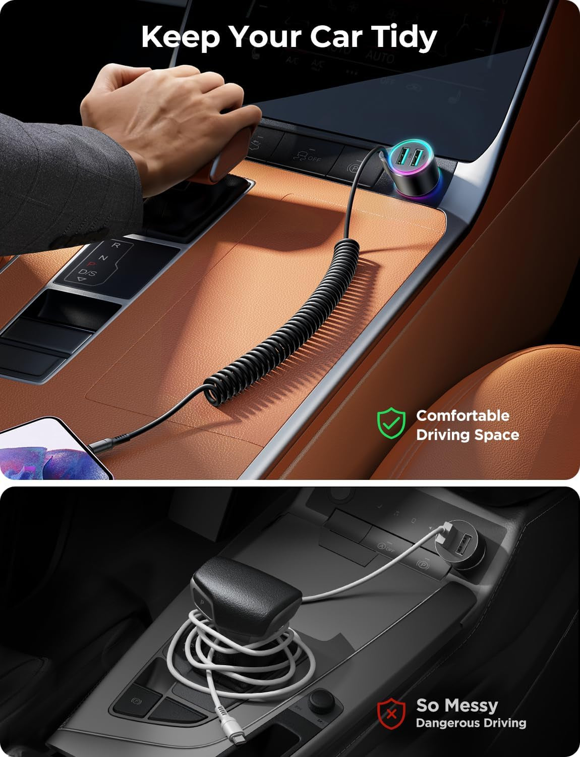 3.4A Car Phone Charger,  Dual USB Car Charger Adapter with 5FT Type C Coil Charging Cable, Cigarette Lighter USB C Fast Charge for 16/15 Pro Max Plus/Samsung Galaxy/Pixel/Android Phones