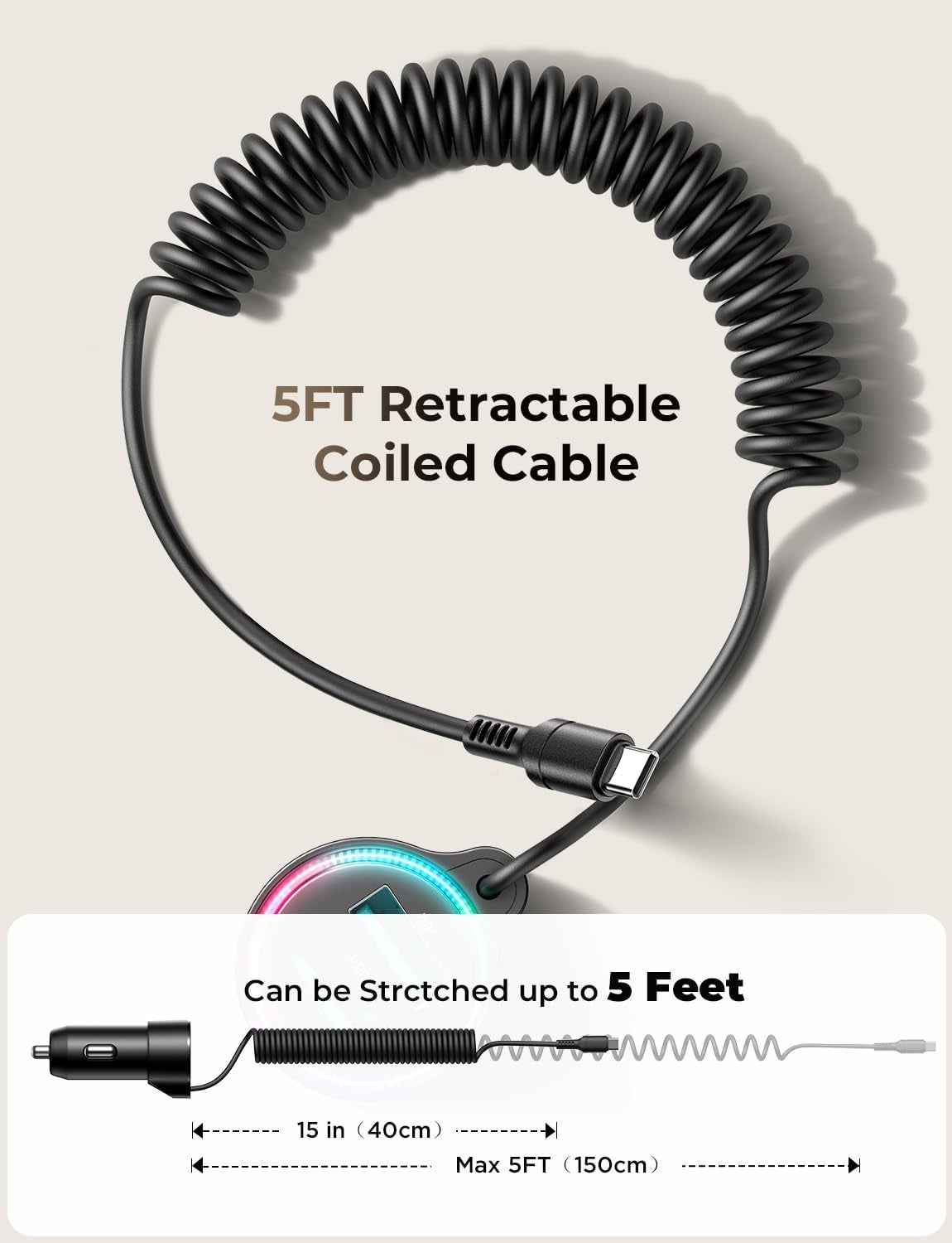 3.4A Car Phone Charger,  Dual USB Car Charger Adapter with 5FT Type C Coil Charging Cable, Cigarette Lighter USB C Fast Charge for 16/15 Pro Max Plus/Samsung Galaxy/Pixel/Android Phones