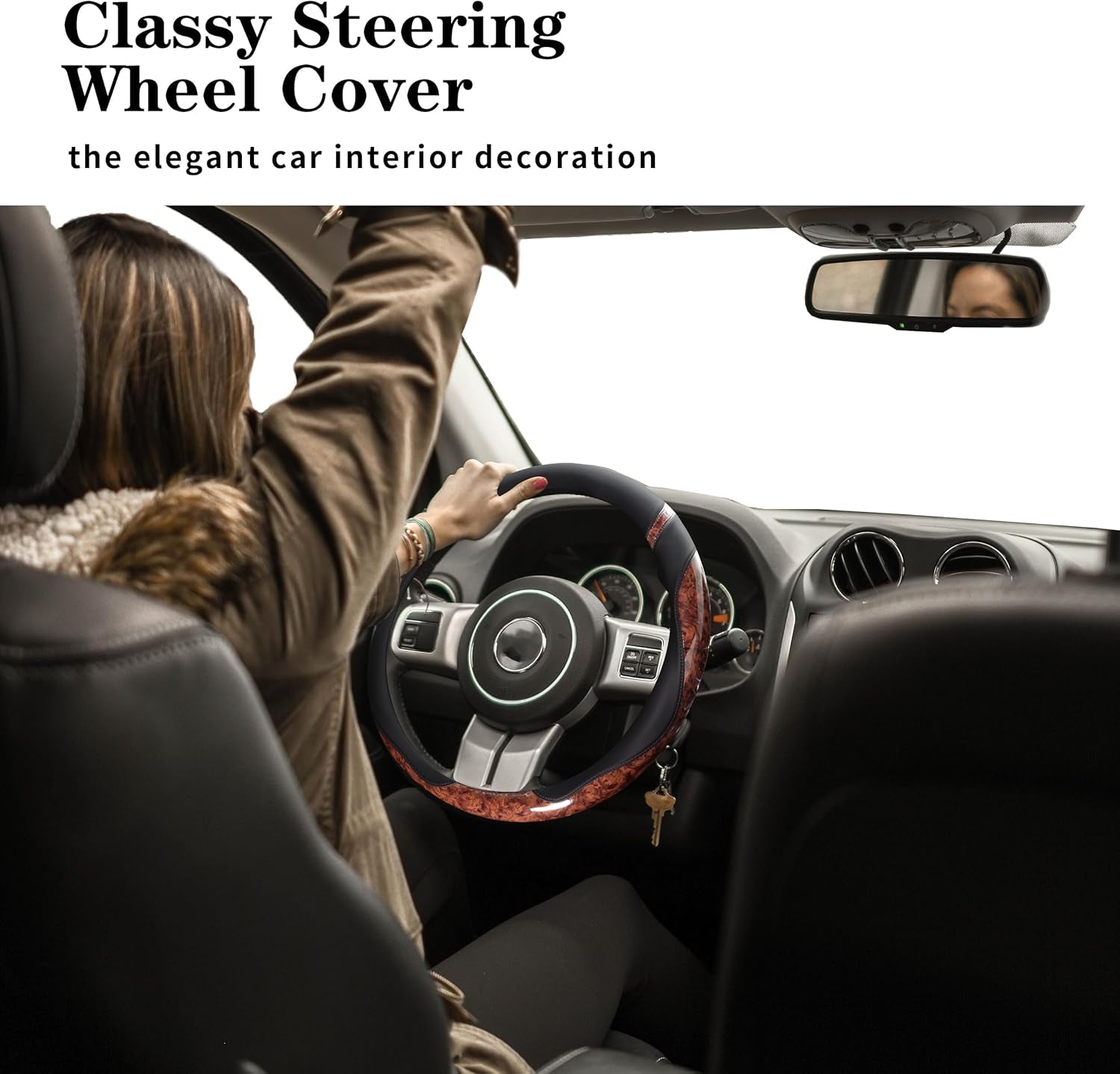 Car Steering Wheel Cover for Men and Women Microfiber Leather Universal Fit 14 1/2-15 Inch Elasticity Protector Accessories Non-Slip Breathable Soft and Comfortable(Wood Grain+Black)
