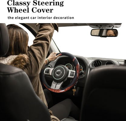 Car Steering Wheel Cover for Men and Women Microfiber Leather Universal Fit 14 1/2-15 Inch Elasticity Protector Accessories Non-Slip Breathable Soft and Comfortable(Wood Grain+Black)