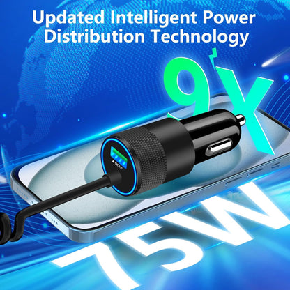 【Mfi Certified】Iphone 16 Car Charger Fast Charging,  75W USB-C PD&QC Car Power Cigarette Lighter USB Car Charger + 6FT Type-C Coiled Cable for Iphone 16 Pro Max/15 Pro, Galaxy S24/S23, Pixel